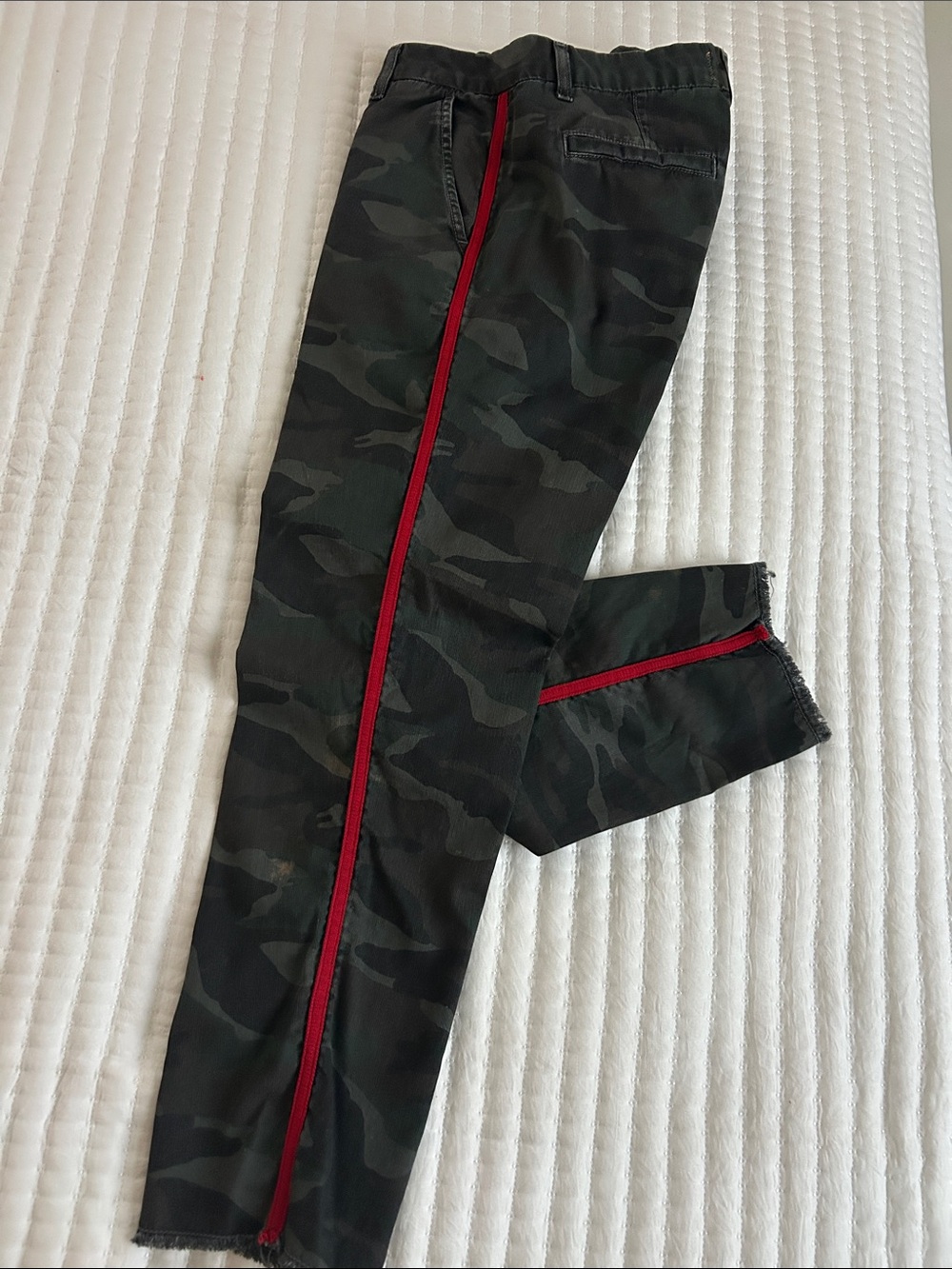Sundry Camo Ankle Jeans with Red Side Stripe raw edge hem